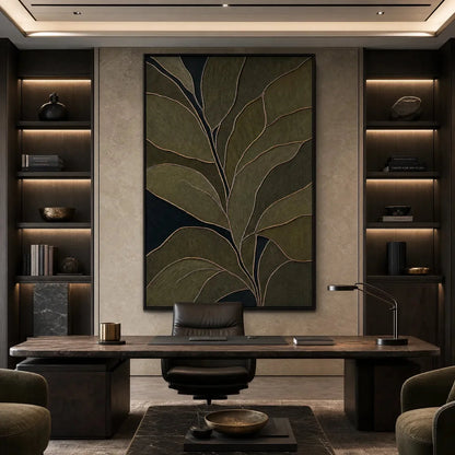MIDNIGHT FOLIAGE: Textured Botanical Abstract Painting in Earth Tones | Abstract mood, soft natural light studio shot