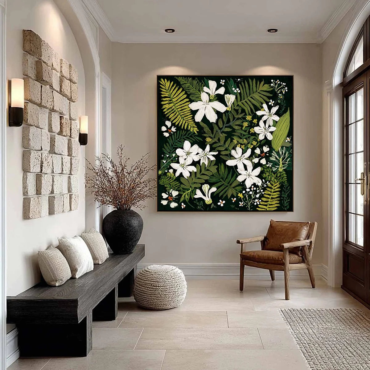 MIDNIGHT GARDEN: Dark Botanical Floral Painting | gold frame stretched on neutral wall