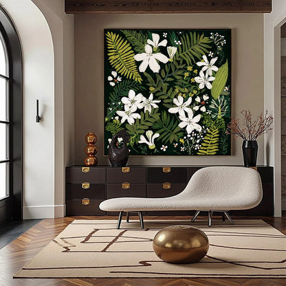 MIDNIGHT GARDEN: Dark Botanical Floral Painting | black frame version on white wall
