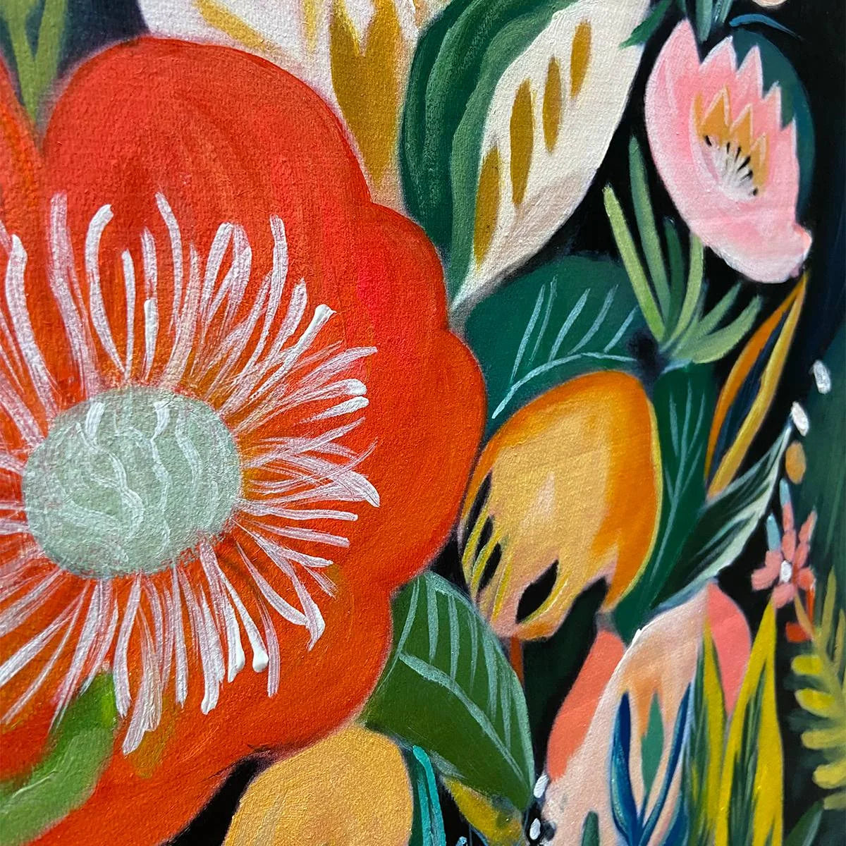 MIDNIGHT GARDEN: Vibrant Floral Boho Oil Painting | rectangular format, hand-painted canvas edge