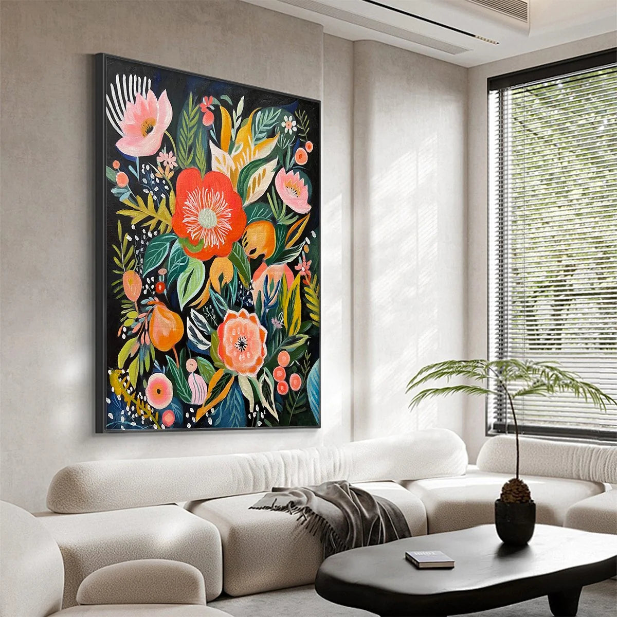 MIDNIGHT GARDEN: Vibrant Floral Boho Oil Painting | gold frame stretched on neutral wall