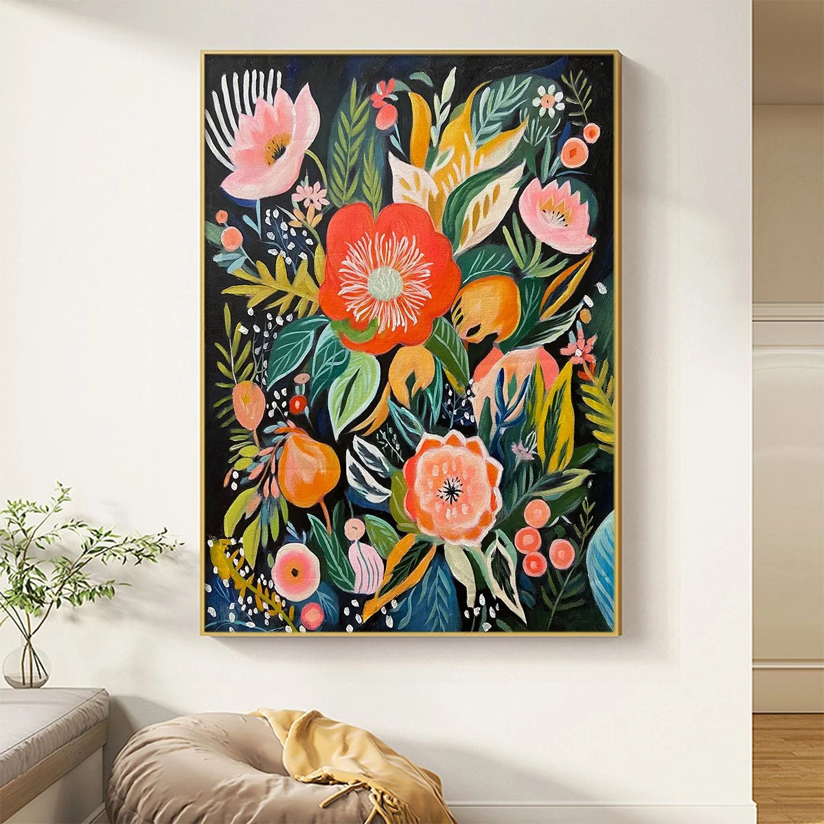 MIDNIGHT GARDEN: Vibrant Floral Boho Oil Painting | black frame version on white wall