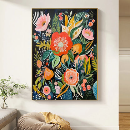 MIDNIGHT GARDEN: Vibrant Floral Boho Oil Painting | black frame version on white wall
