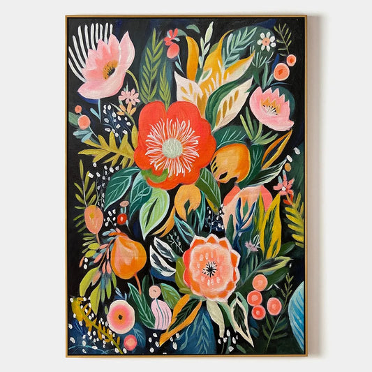 MIDNIGHT GARDEN: Vibrant Floral Boho Oil Painting | hanging in living room, Figurative wall art