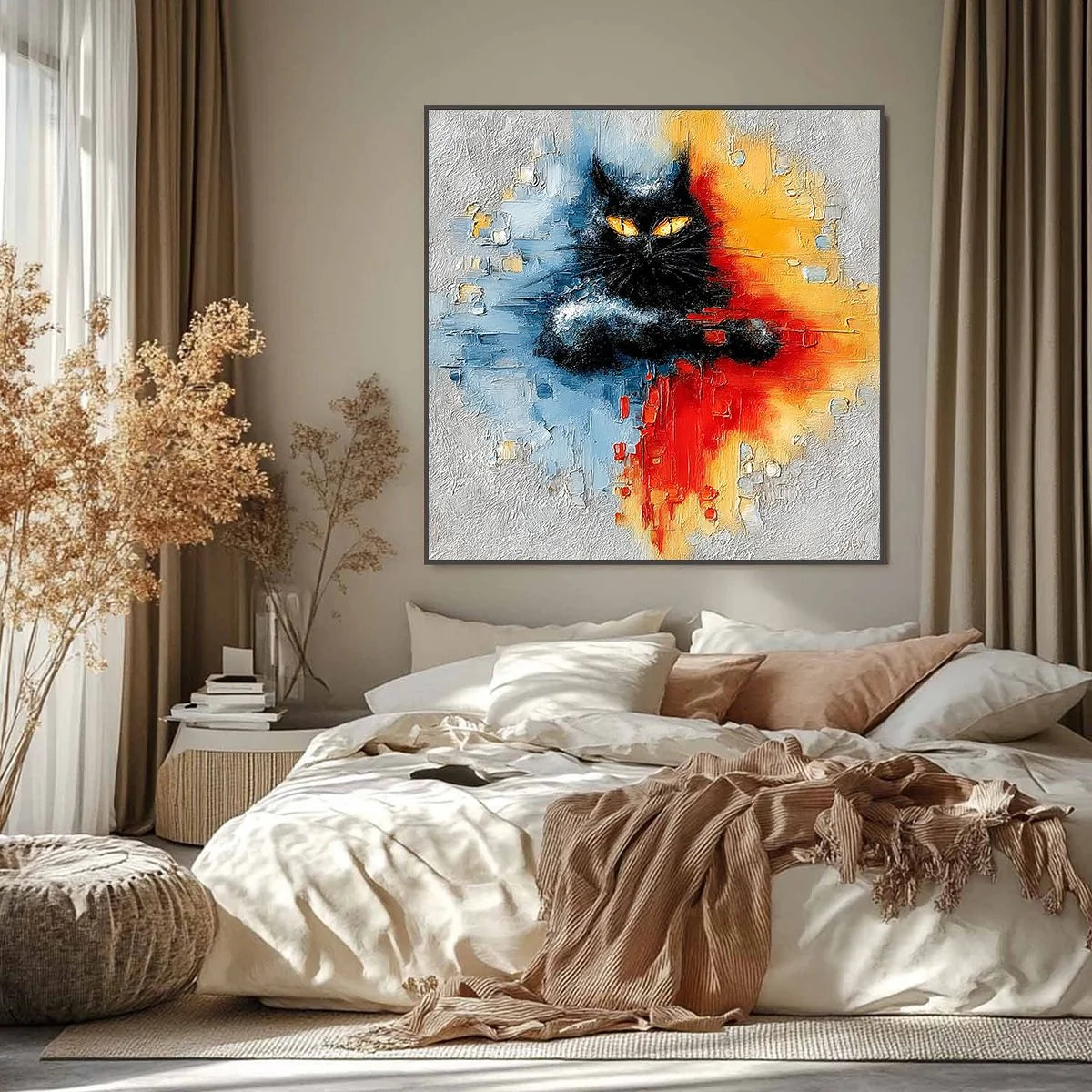 MIDNIGHT GAZE: Textured Abstract Black Cat Painting | Abstract closeup, raised brushwork detail