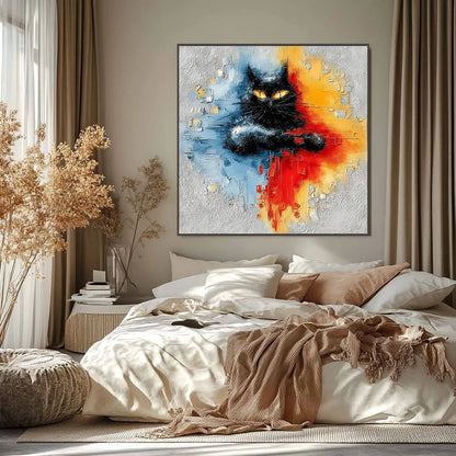 MIDNIGHT GAZE: Textured Abstract Black Cat Painting | Abstract closeup, raised brushwork detail
