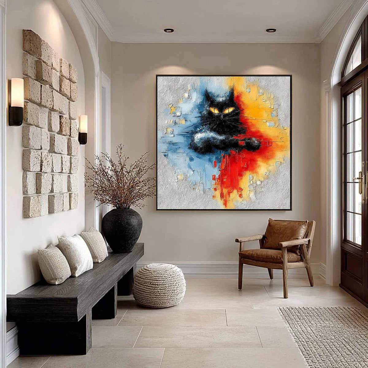 MIDNIGHT GAZE: Textured Abstract Black Cat Painting | gold frame stretched on neutral wall