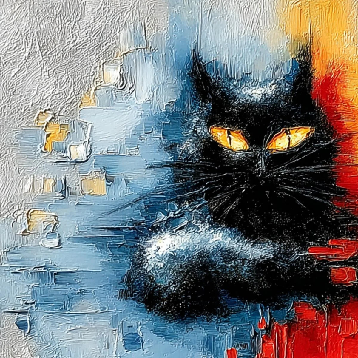 MIDNIGHT GAZE: Textured Abstract Black Cat Painting | rolled canvas, ready for custom framing