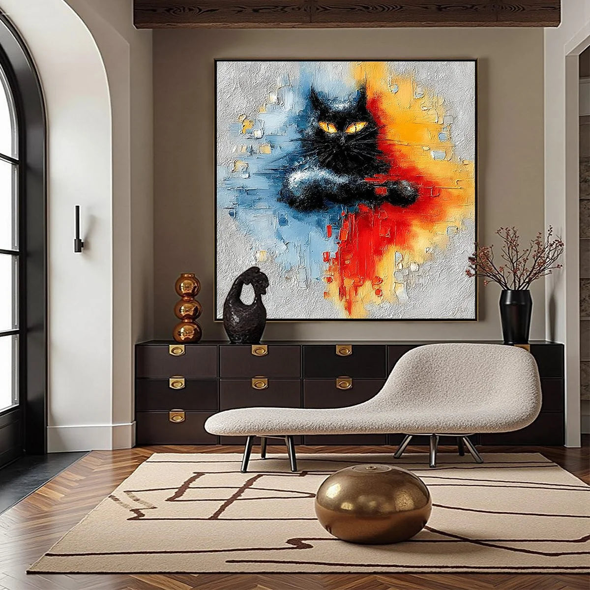 MIDNIGHT GAZE: Textured Abstract Black Cat Painting | black frame version on white wall