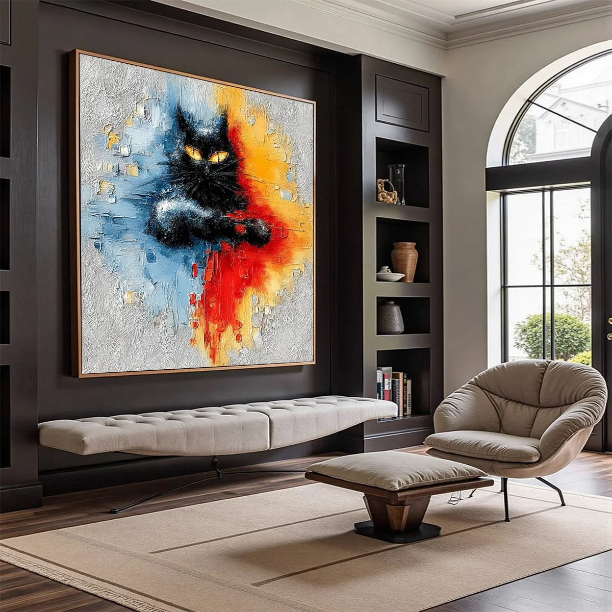 MIDNIGHT GAZE: Textured Abstract Black Cat Painting | Abstract mood, soft natural light studio shot