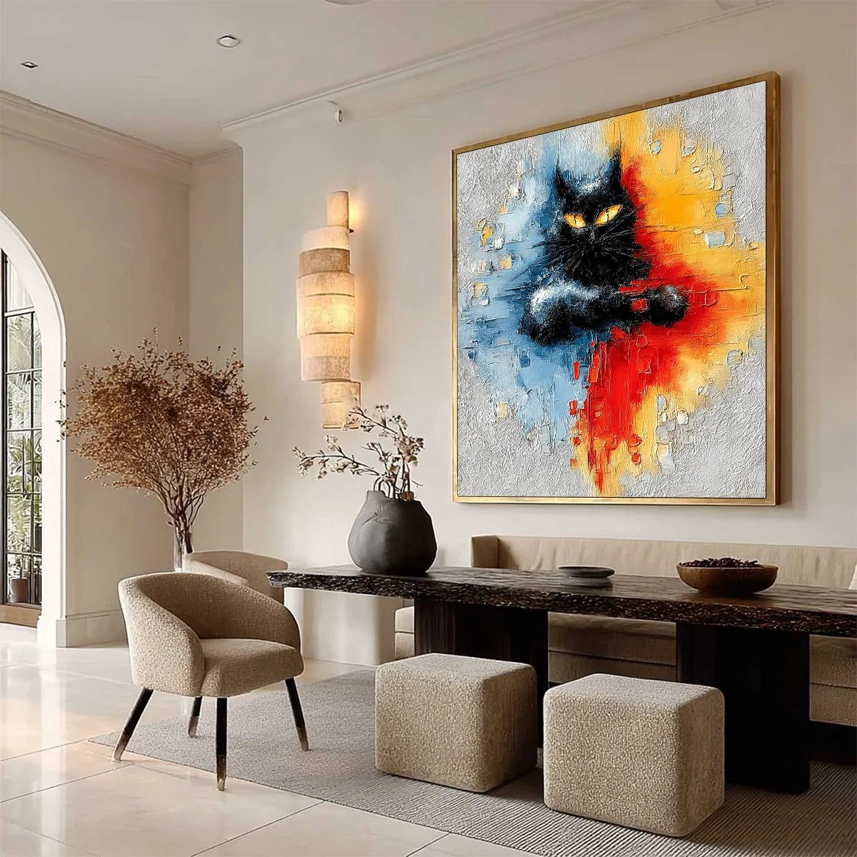 MIDNIGHT GAZE: Textured Abstract Black Cat Painting | multi-color palette, original oil on stretched canvas art
