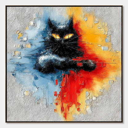 MIDNIGHT GAZE: Textured Abstract Black Cat Painting | hanging in living room, Abstract wall art