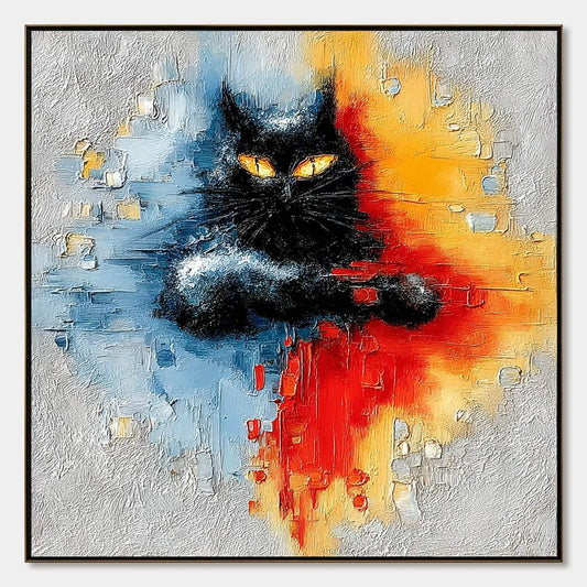 MIDNIGHT GAZE: Textured Abstract Black Cat Painting | hanging in living room, Abstract wall art