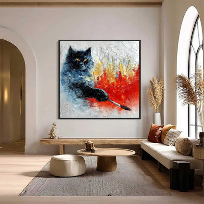 MIDNIGHT PAINTER: Textured Impasto Black Cat Painting with Abstract Colors | Abstract closeup, raised brushwork detail