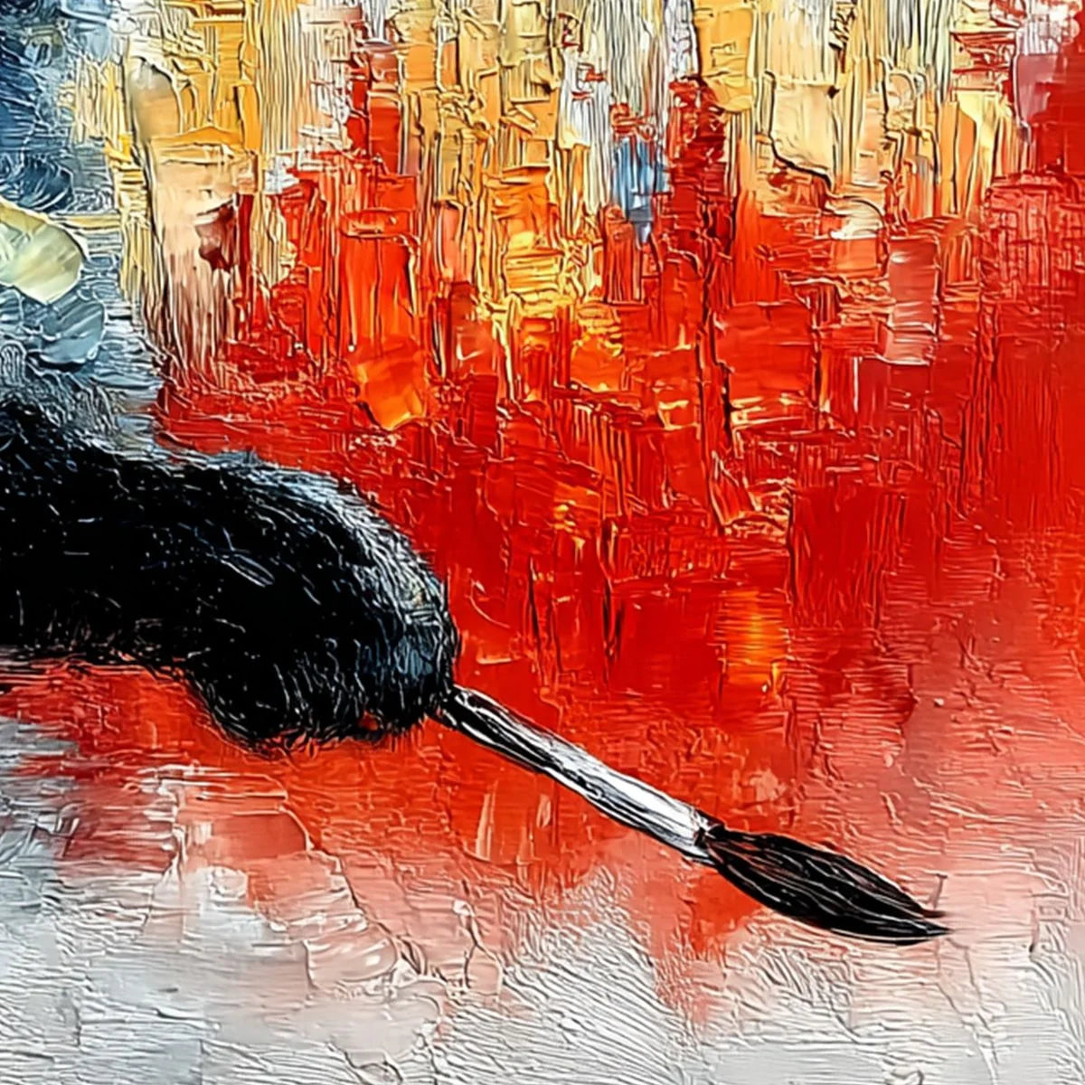 MIDNIGHT PAINTER: Textured Impasto Black Cat Painting with Abstract Colors | rectangular format, hand-painted canvas edge