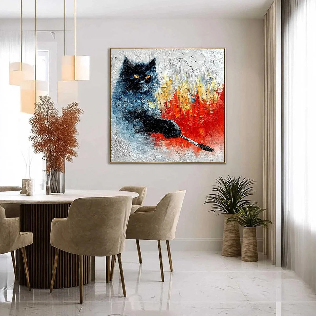 MIDNIGHT PAINTER: Textured Impasto Black Cat Painting with Abstract Colors | gold frame stretched on neutral wall