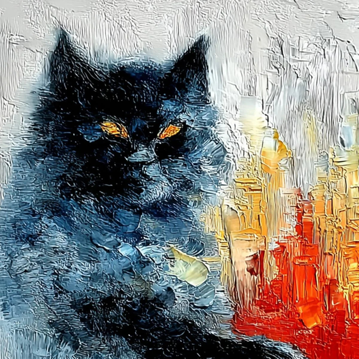 MIDNIGHT PAINTER: Textured Impasto Black Cat Painting with Abstract Colors | rolled canvas, ready for custom framing