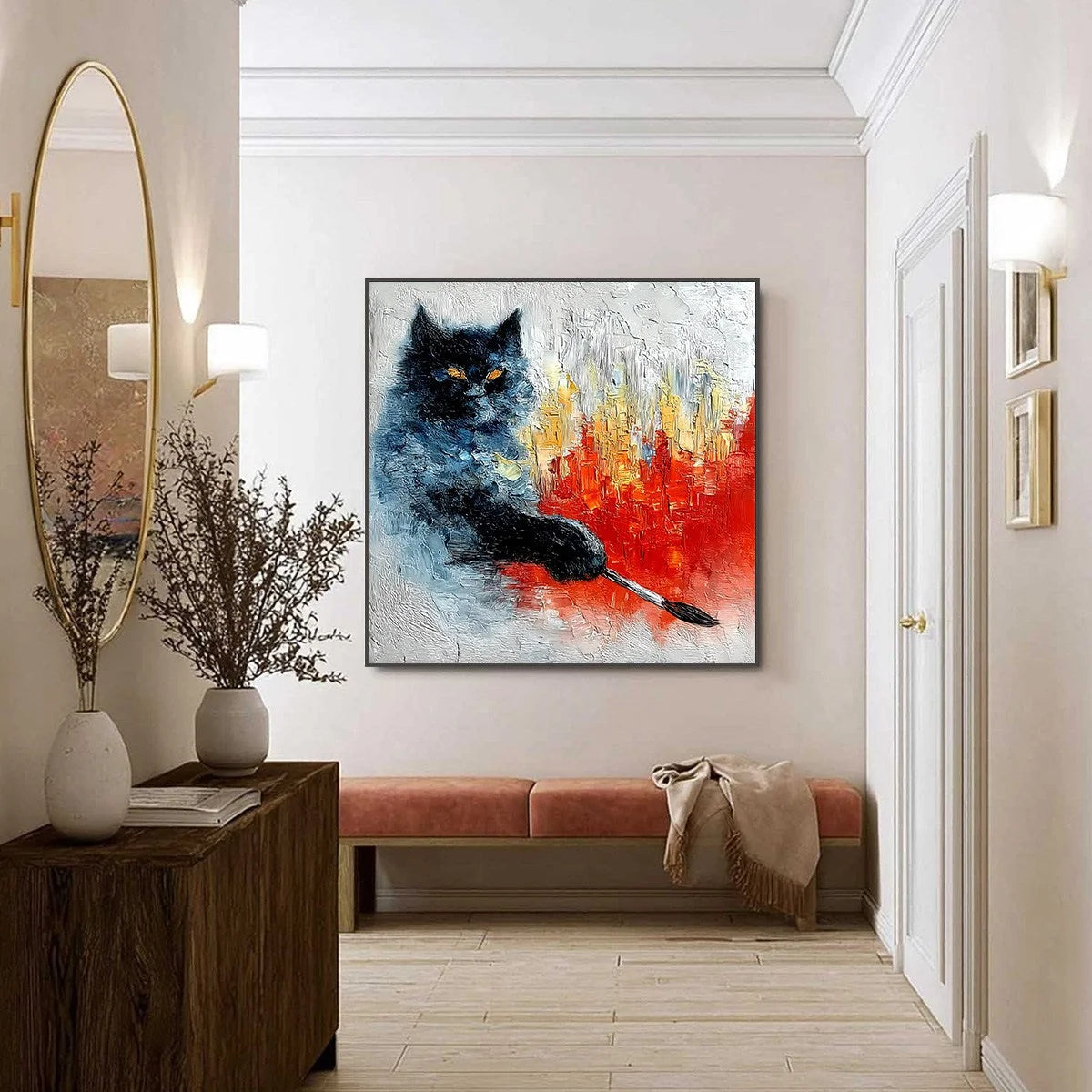 MIDNIGHT PAINTER: Textured Impasto Black Cat Painting with Abstract Colors | black frame version on white wall