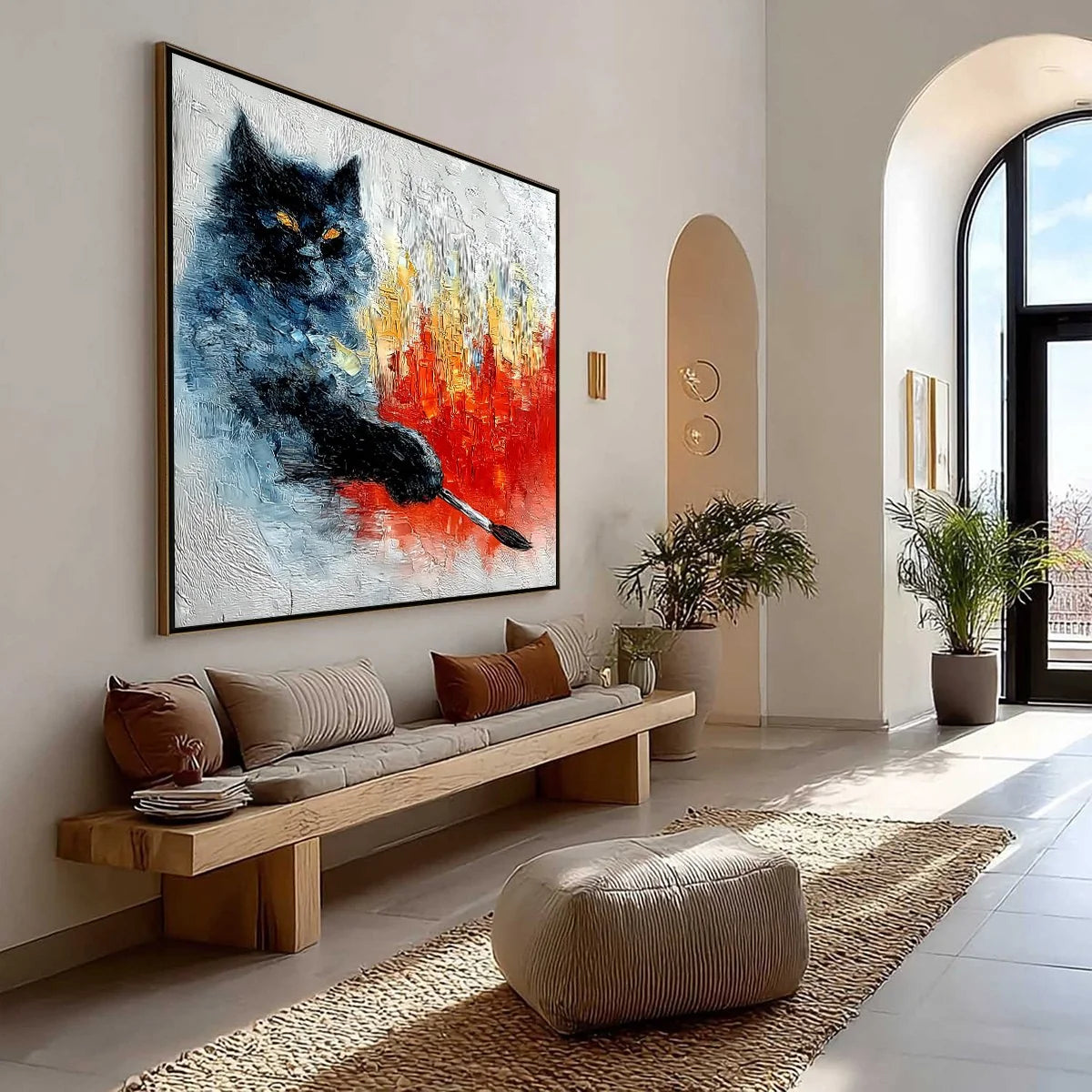 MIDNIGHT PAINTER: Textured Impasto Black Cat Painting with Abstract Colors | Abstract mood, soft natural light studio shot