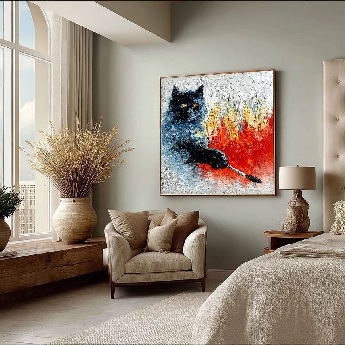 MIDNIGHT PAINTER: Textured Impasto Black Cat Painting with Abstract Colors | multi-color palette, original oil on stretched canvas art