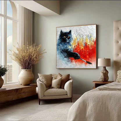 MIDNIGHT PAINTER: Textured Impasto Black Cat Painting with Abstract Colors | multi-color palette, original oil on stretched canvas art