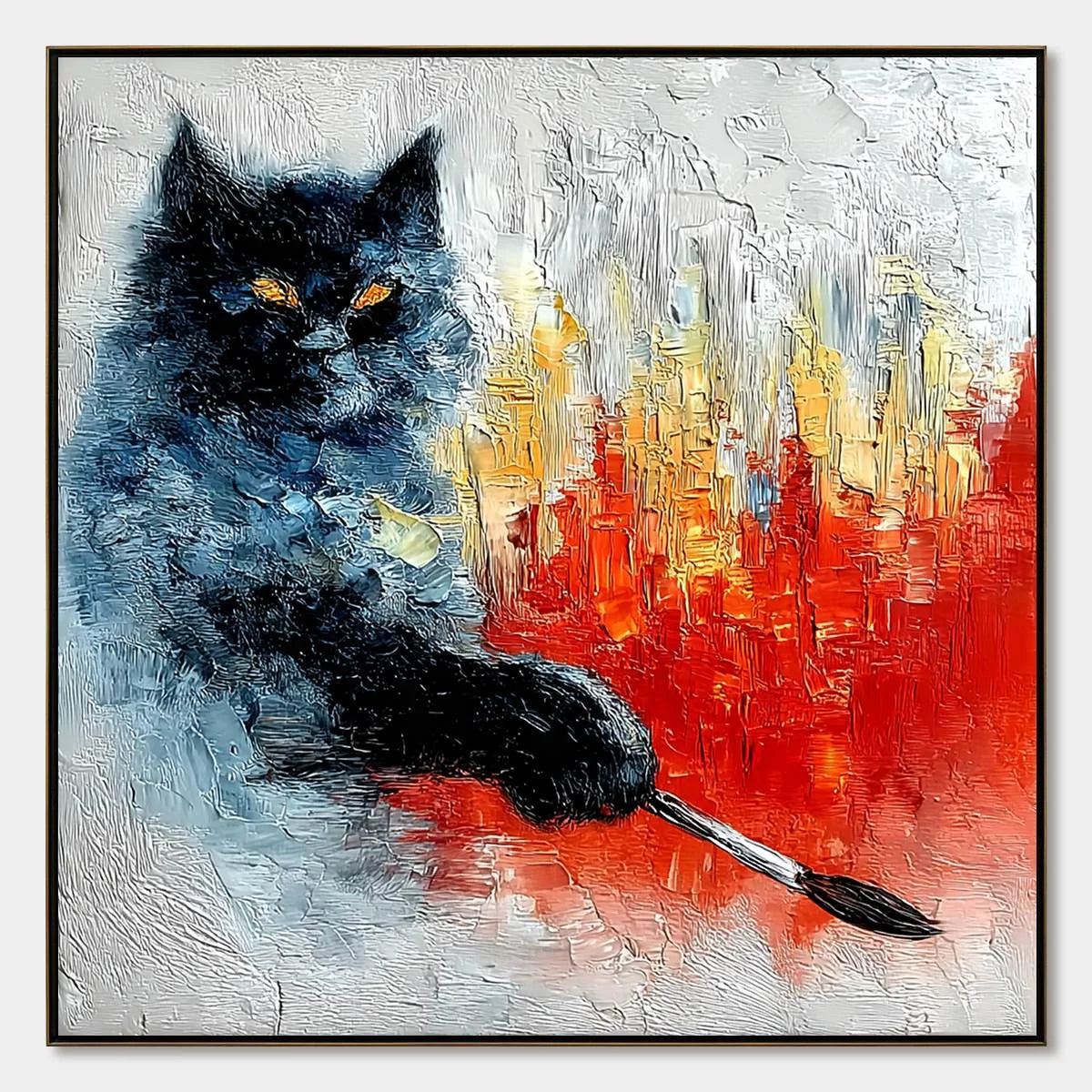MIDNIGHT PAINTER: Textured Impasto Black Cat Painting with Abstract Colors | hanging in living room, Abstract wall art