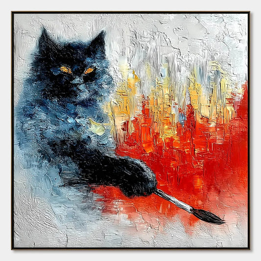 MIDNIGHT PAINTER: Textured Impasto Black Cat Painting with Abstract Colors | hanging in living room, Abstract wall art