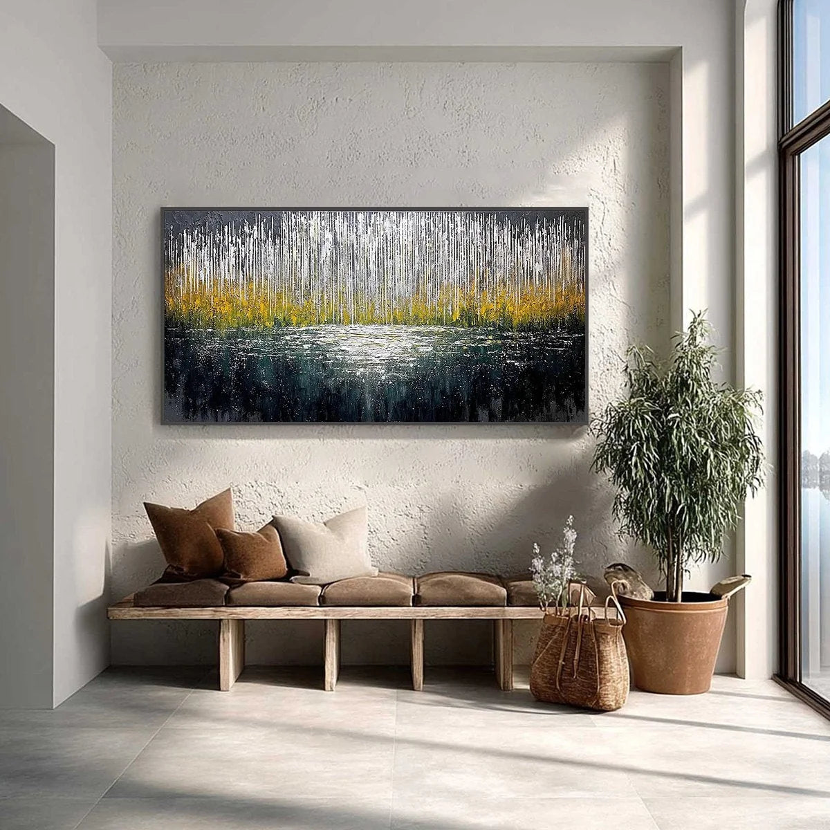 MIDNIGHT REFLECTIONS: Textured Abstract Gold and Silver Landscape Painting | Abstract closeup, raised brushwork detail