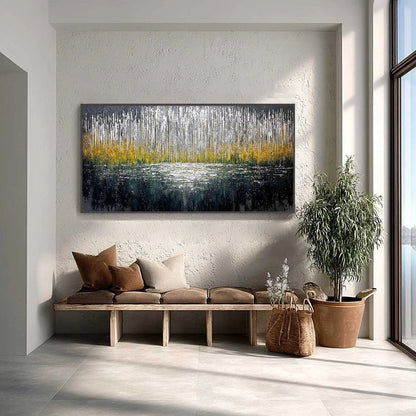 MIDNIGHT REFLECTIONS: Textured Abstract Gold and Silver Landscape Painting | Abstract closeup, raised brushwork detail