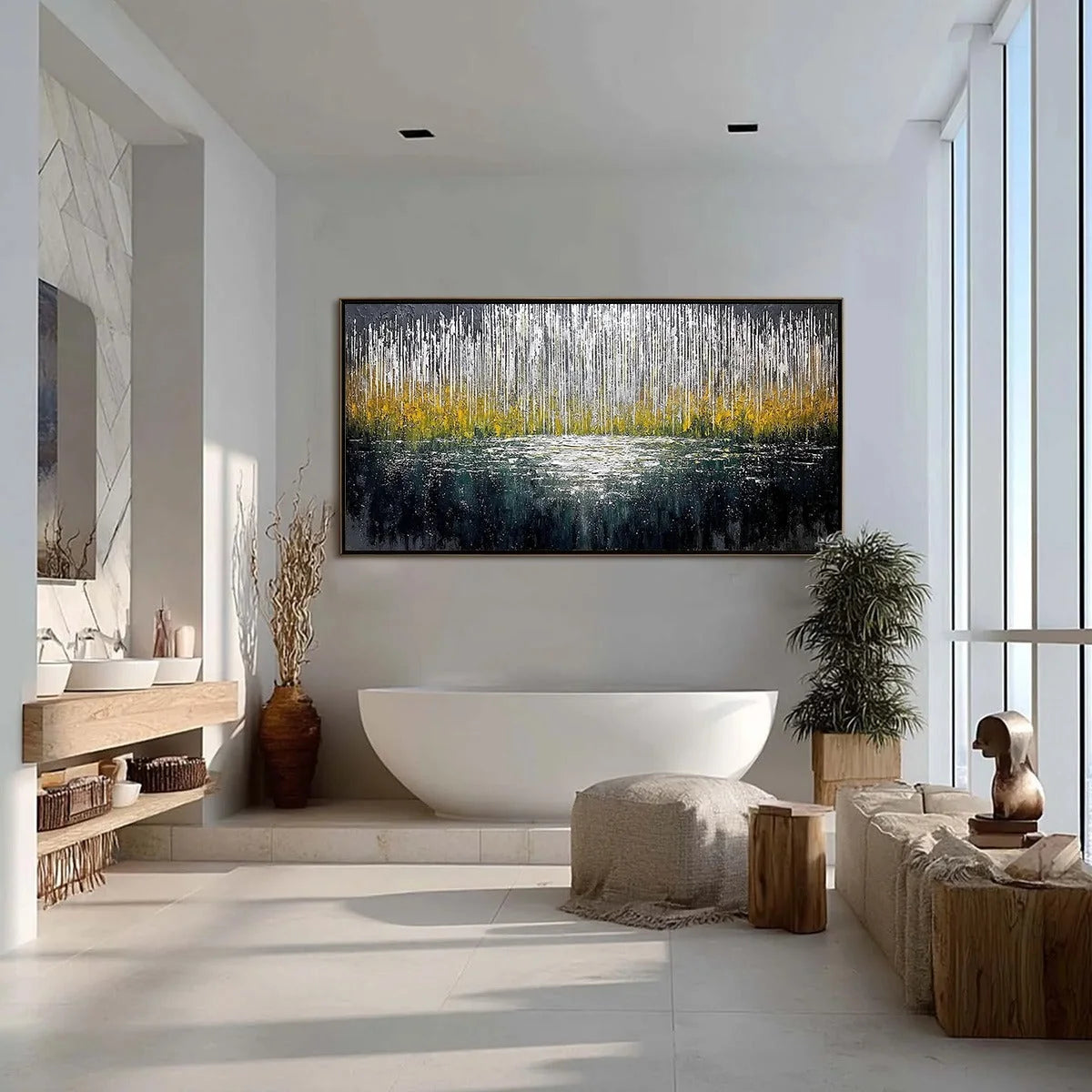 MIDNIGHT REFLECTIONS: Textured Abstract Gold and Silver Landscape Painting | gold frame stretched on neutral wall