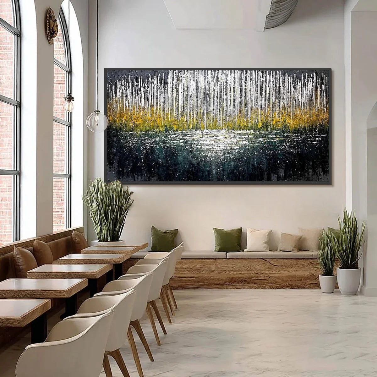 MIDNIGHT REFLECTIONS: Textured Abstract Gold and Silver Landscape Painting | black frame version on white wall