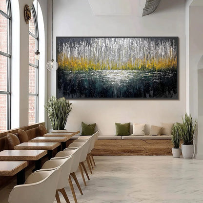 MIDNIGHT REFLECTIONS: Textured Abstract Gold and Silver Landscape Painting | black frame version on white wall