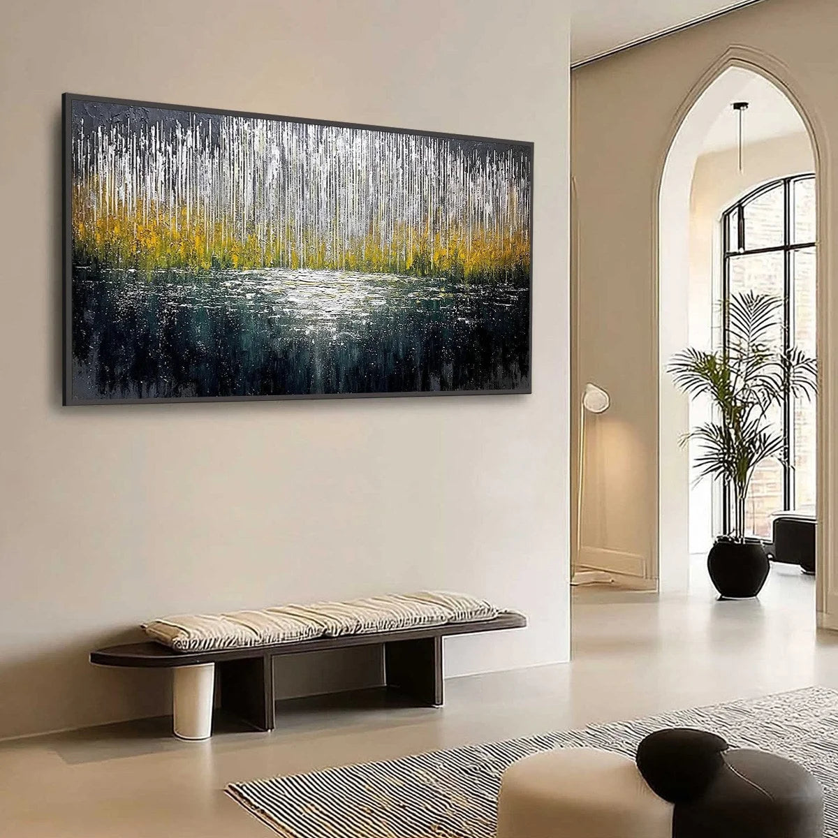 MIDNIGHT REFLECTIONS: Textured Abstract Gold and Silver Landscape Painting | Abstract mood, soft natural light studio shot