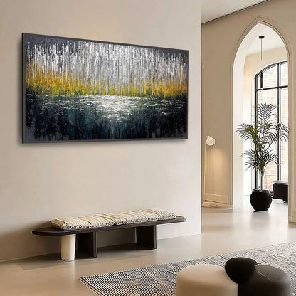 MIDNIGHT REFLECTIONS: Textured Abstract Gold and Silver Landscape Painting | Abstract mood, soft natural light studio shot