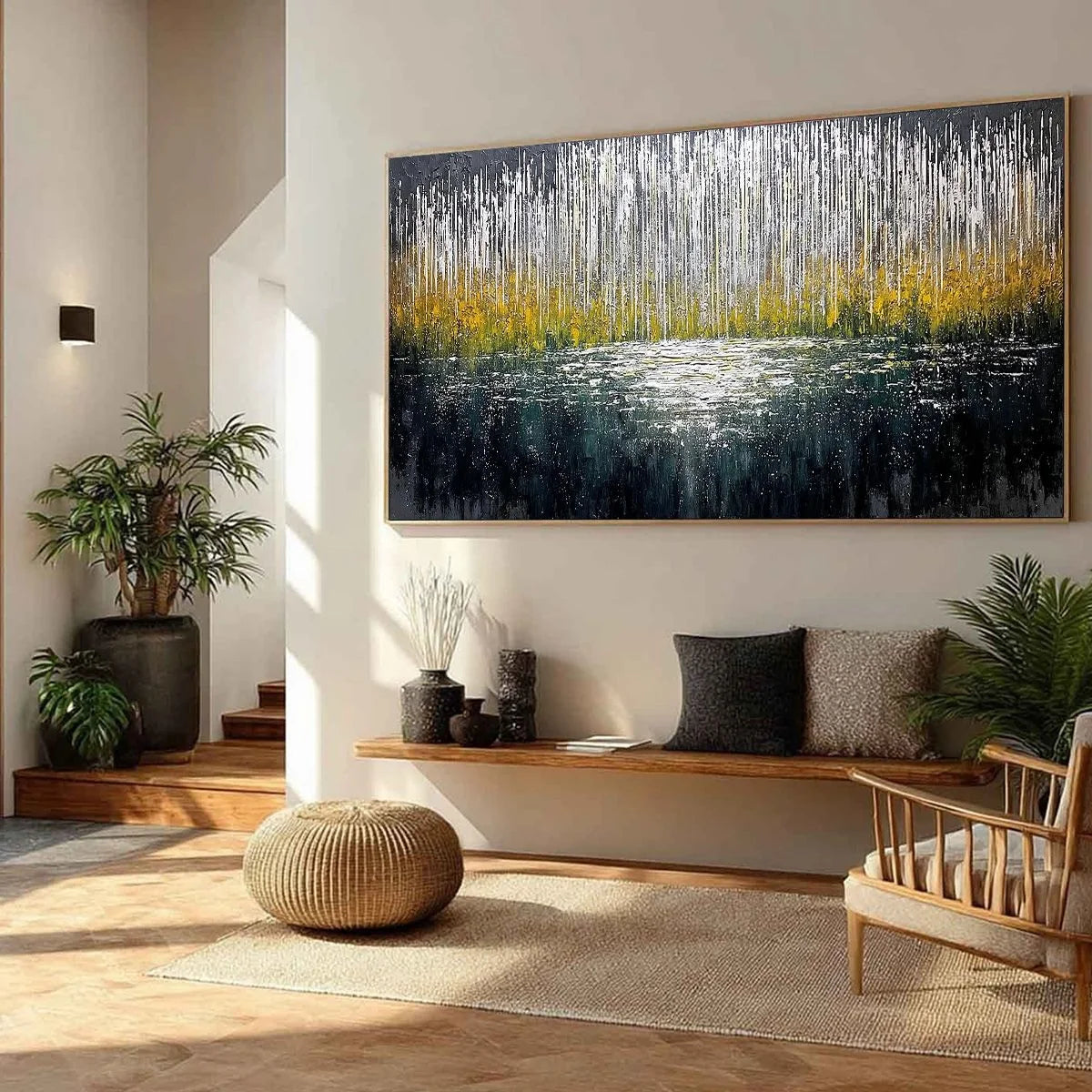 MIDNIGHT REFLECTIONS: Textured Abstract Gold and Silver Landscape Painting | yellow palette, original oil on stretched canvas art