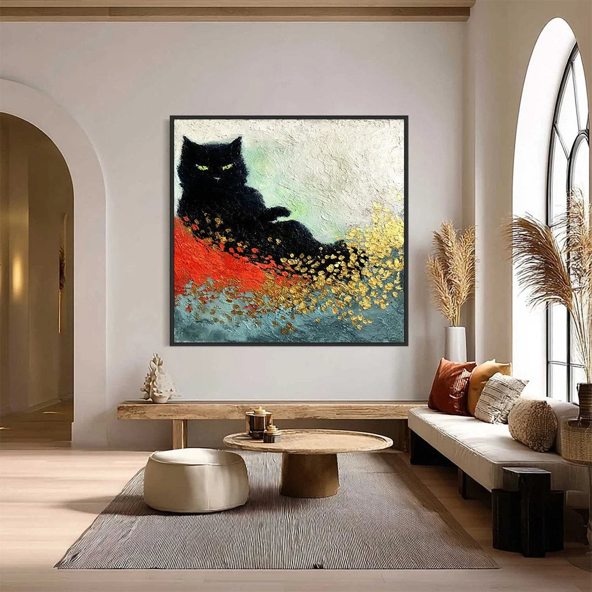 MIDNIGHT REIGN: Abstract Black Cat Painting with Gold Leaf Texture | Abstract closeup, raised brushwork detail