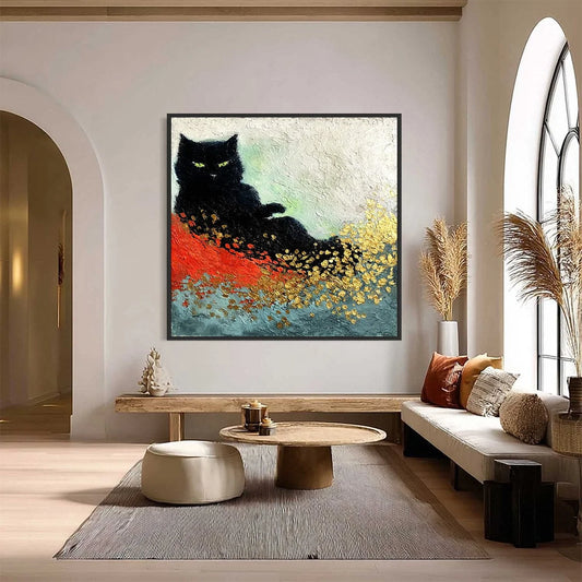 MIDNIGHT REIGN: Abstract Black Cat Painting with Gold Leaf Texture