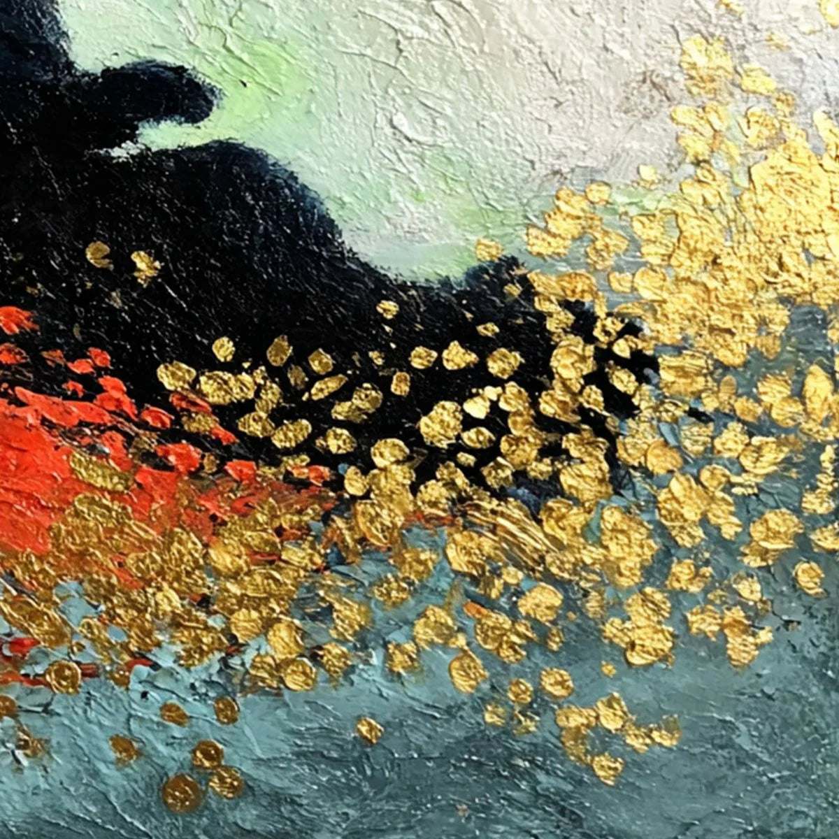 MIDNIGHT REIGN: Abstract Black Cat Painting with Gold Leaf Texture | rectangular format, hand-painted canvas edge