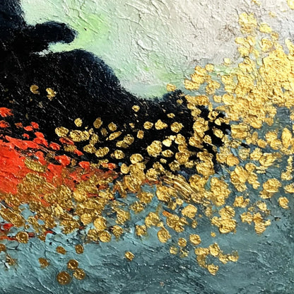 MIDNIGHT REIGN: Abstract Black Cat Painting with Gold Leaf Texture | rectangular format, hand-painted canvas edge