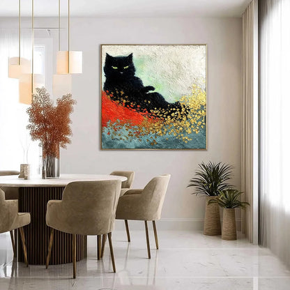 MIDNIGHT REIGN: Abstract Black Cat Painting with Gold Leaf Texture | gold frame stretched on neutral wall