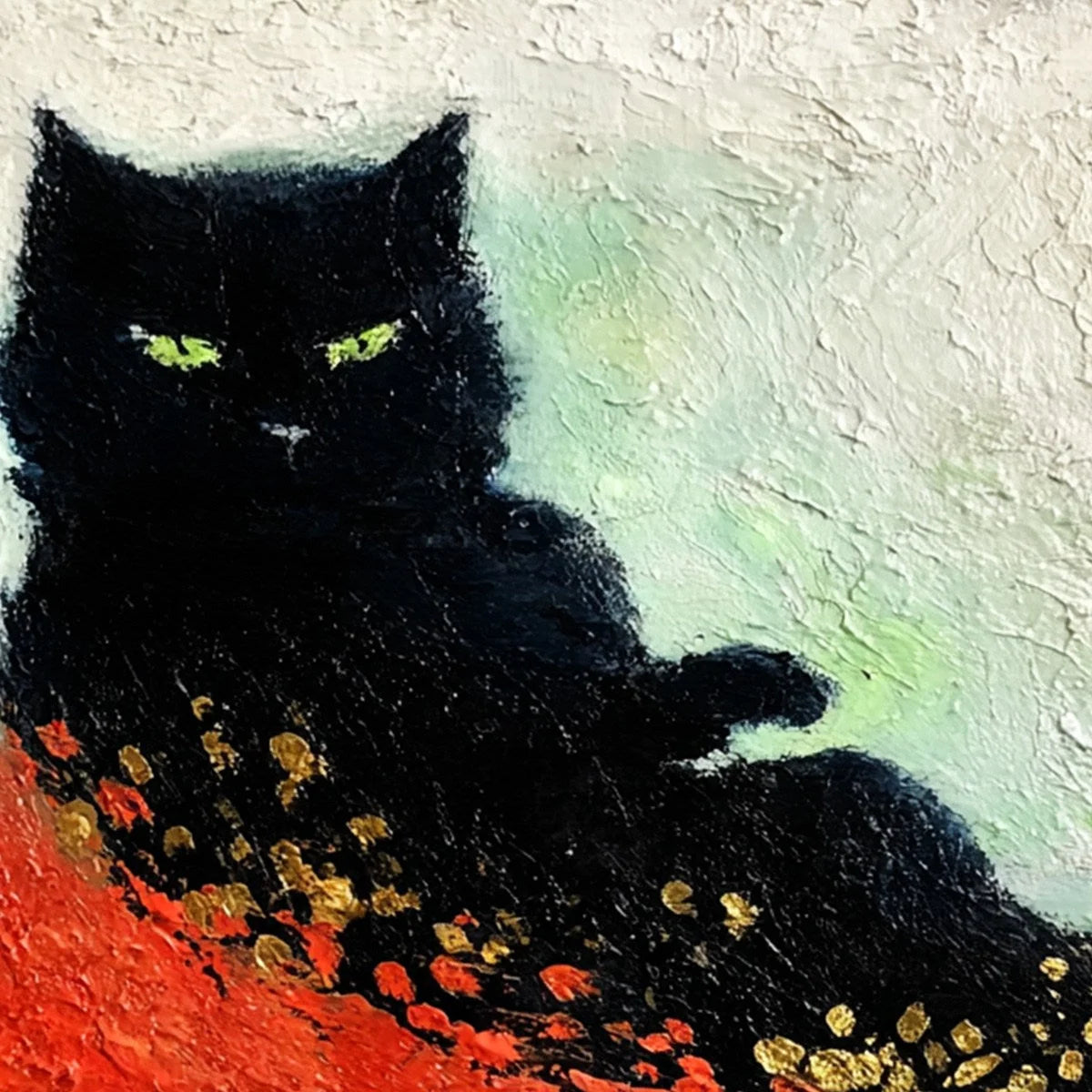MIDNIGHT REIGN: Abstract Black Cat Painting with Gold Leaf Texture | rolled canvas, ready for custom framing