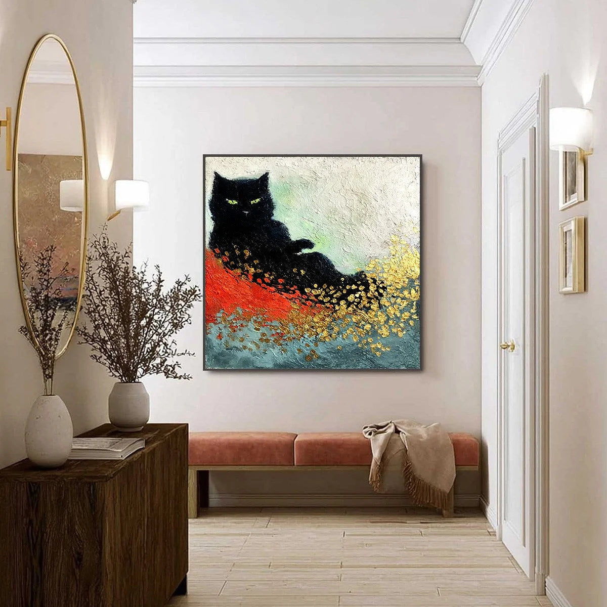 MIDNIGHT REIGN: Abstract Black Cat Painting with Gold Leaf Texture | black frame version on white wall