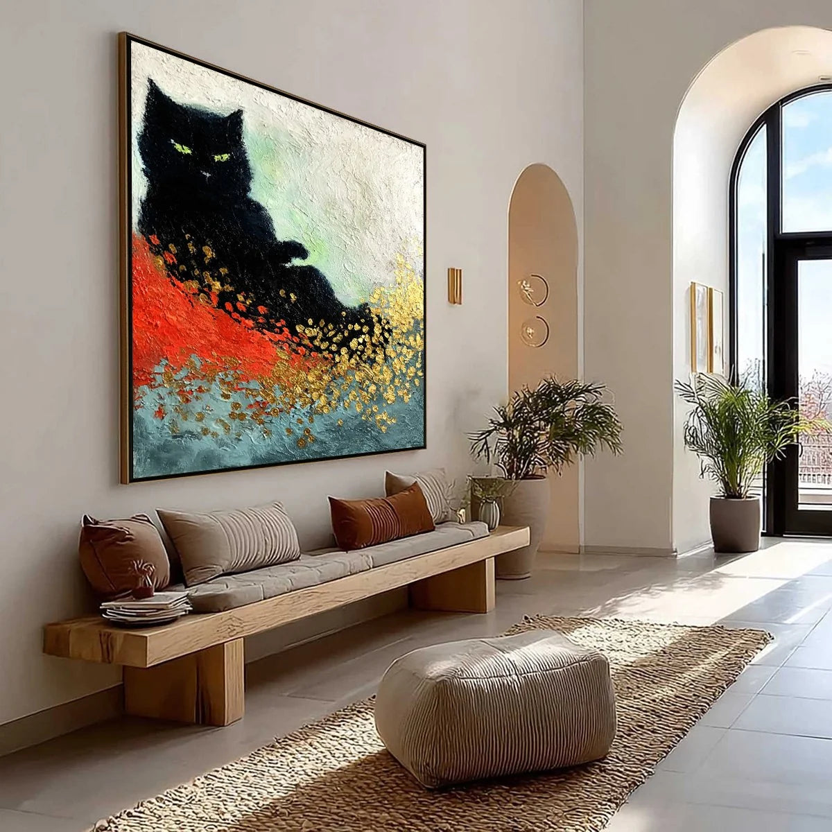 MIDNIGHT REIGN: Abstract Black Cat Painting with Gold Leaf Texture | Abstract mood, soft natural light studio shot