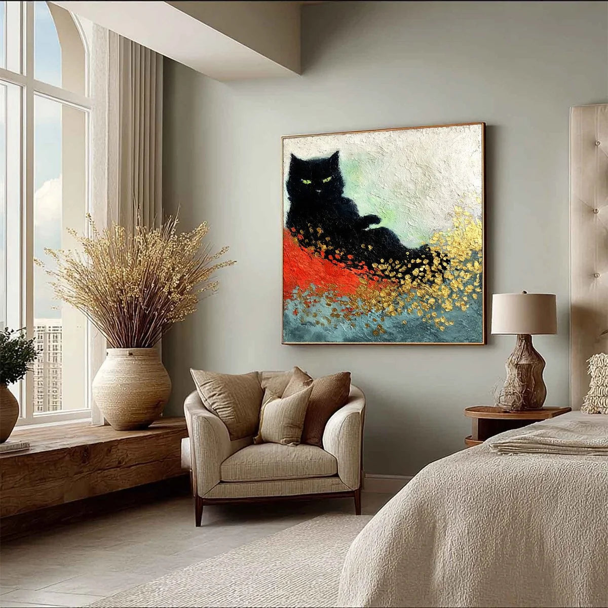 MIDNIGHT REIGN: Abstract Black Cat Painting with Gold Leaf Texture | yellow palette, original oil on stretched canvas art