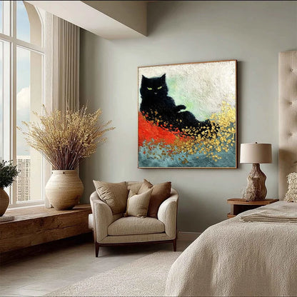 MIDNIGHT REIGN: Abstract Black Cat Painting with Gold Leaf Texture | yellow palette, original oil on stretched canvas art