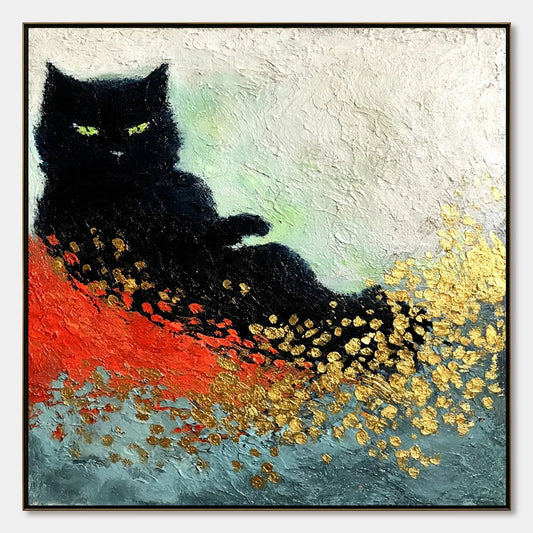 MIDNIGHT REIGN: Abstract Black Cat Painting with Gold Leaf Texture | hanging in living room, Abstract wall art