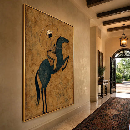 MIDNIGHT WRANGLER: Rustic Wabi Sabi Style Equestrian Painting | rectangular format, hand-painted canvas edge