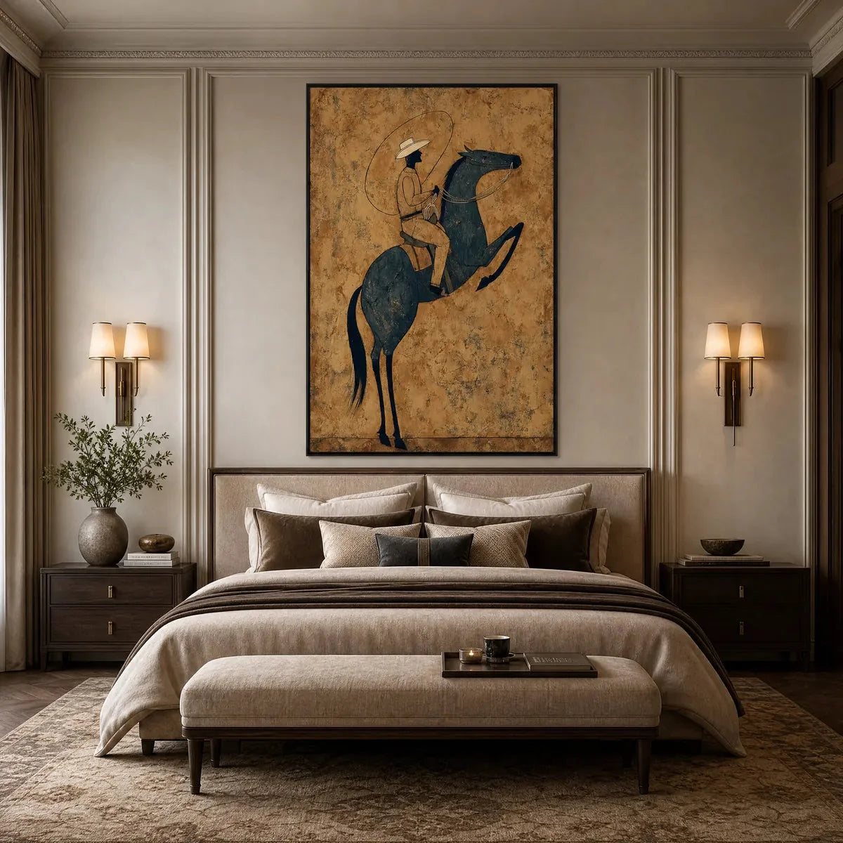 MIDNIGHT WRANGLER: Rustic Wabi Sabi Style Equestrian Painting | gold frame stretched on neutral wall