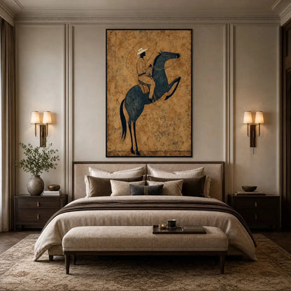 MIDNIGHT WRANGLER: Rustic Wabi Sabi Style Equestrian Painting | gold frame stretched on neutral wall