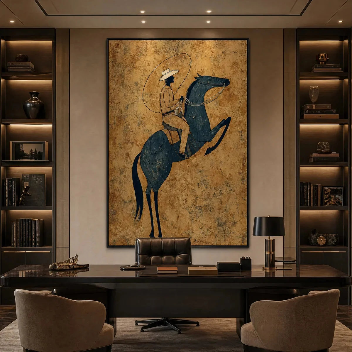 MIDNIGHT WRANGLER: Rustic Wabi Sabi Style Equestrian Painting | black frame version on white wall